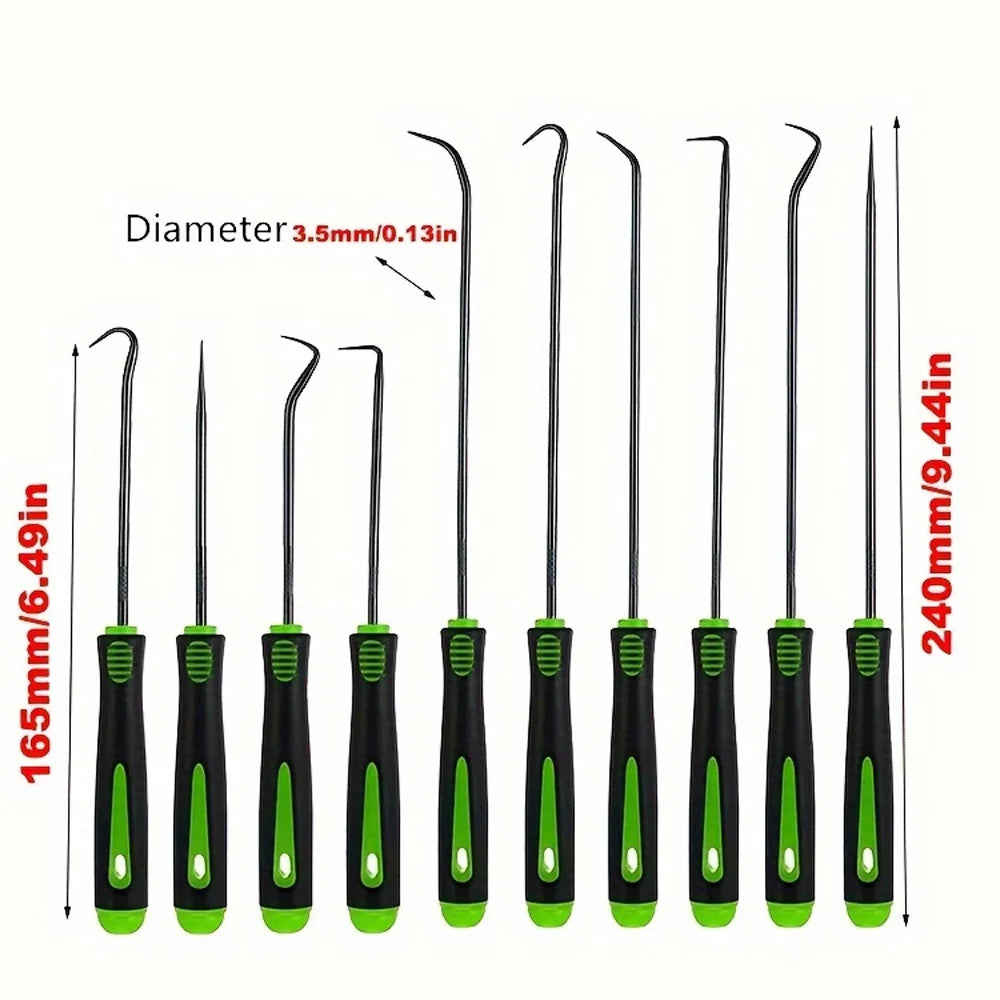 A set of 10 black and lime green precision oil seal and O-ring removal hooks with a 3.5mm diameter.