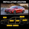 Diagram showing installation locations for car door soundproofing seals on a sedan, including hood, doors, and pedals.