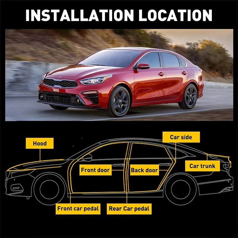 Diagram showing installation locations for car door soundproofing seals on a sedan, including hood, doors, and pedals.