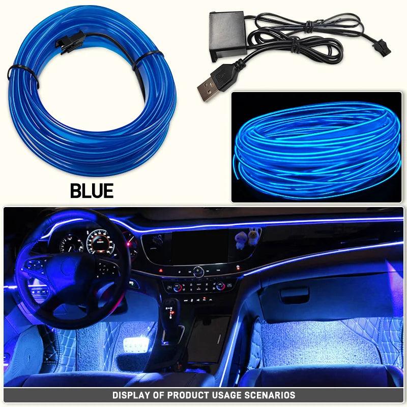 Blue flexible LED wiring strip used for car interior ambient lighting, shown in a coil and installed in a dashboard display.