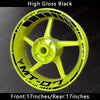 High Gloss Black motorcycle wheel with yellow decals and 17-inch front and rear size
