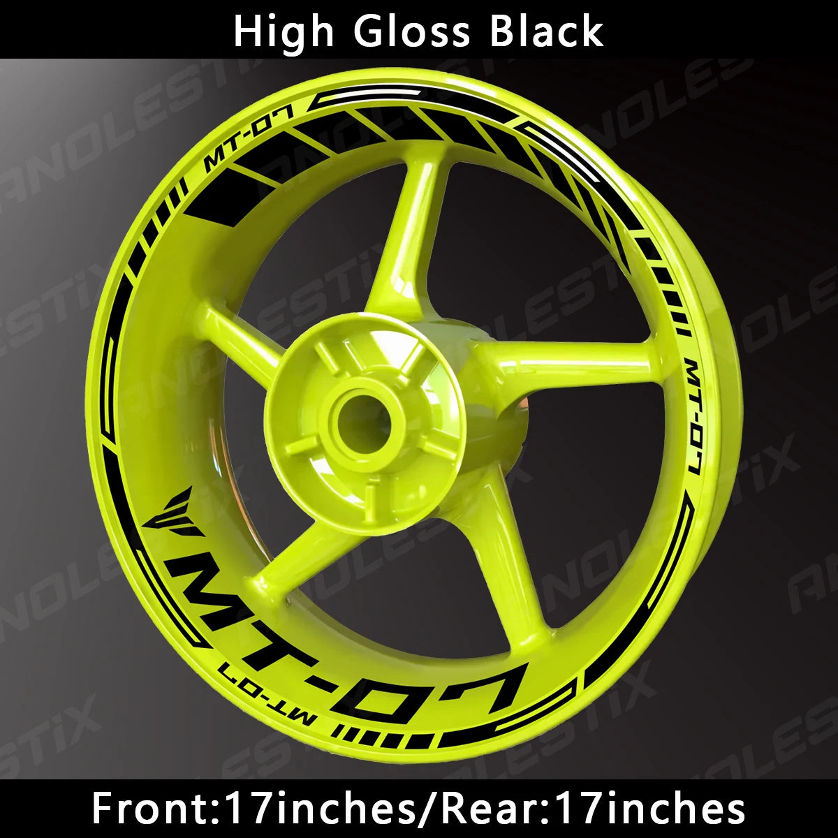High Gloss Black motorcycle wheel with yellow decals and 17-inch front and rear size