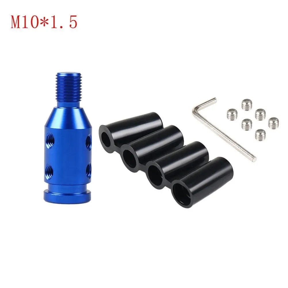 A blue M10x1.5 threaded adapter and several black cylindrical adapters with a metal rod.