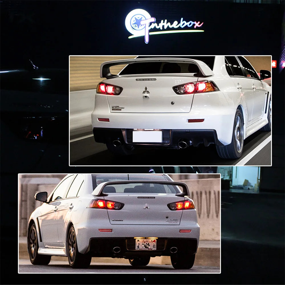 A white Mitsubishi Lancer Evolution X rear view showing LED bumper reflector lights and sequential turn signals.