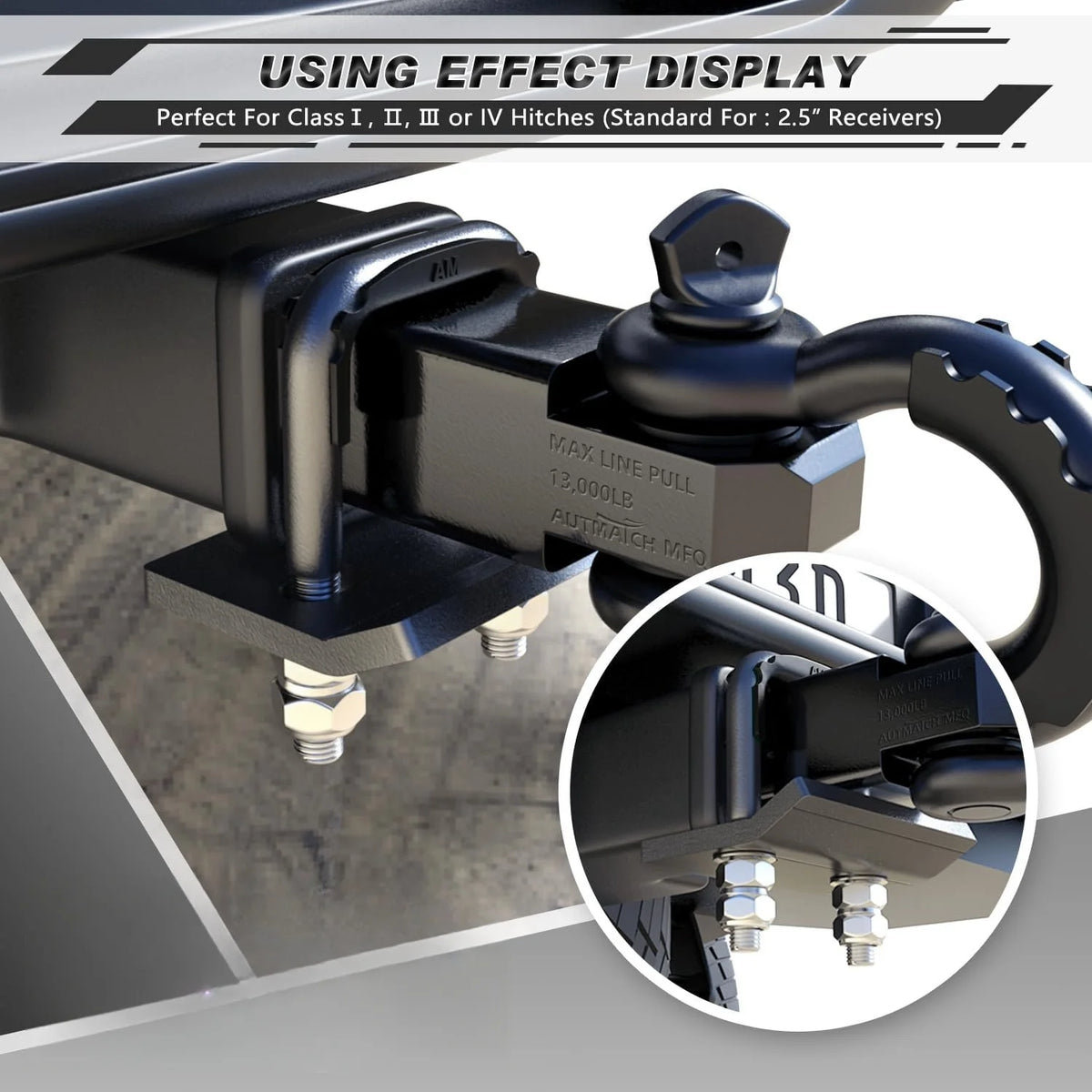Close-up view of a black heavy duty trailer hitch clamp and isolator mechanism for vehicle towing.