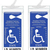 A clear plastic license plate holder with a hanging strap displaying information for a disabled parking permit.
