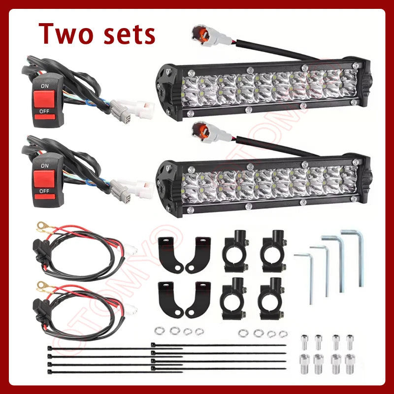 Two sets of motorcycle LED light bars, including main bars and wiring harnesses.