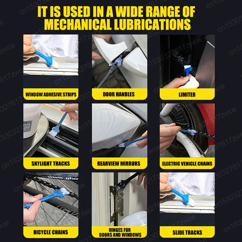 A collection of tools and parts used in various mechanical lubrications including window adhesive strips, door handles, limit