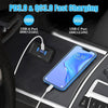 A portable 4-port USB charger with a voltmeter and switch is shown charging a smartphone in a vehicle setting.