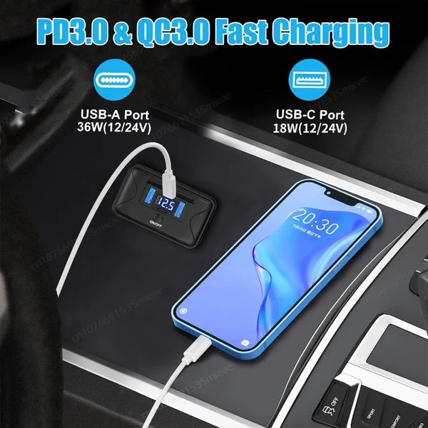 A portable 4-port USB charger with a voltmeter and switch is shown charging a smartphone in a vehicle setting.