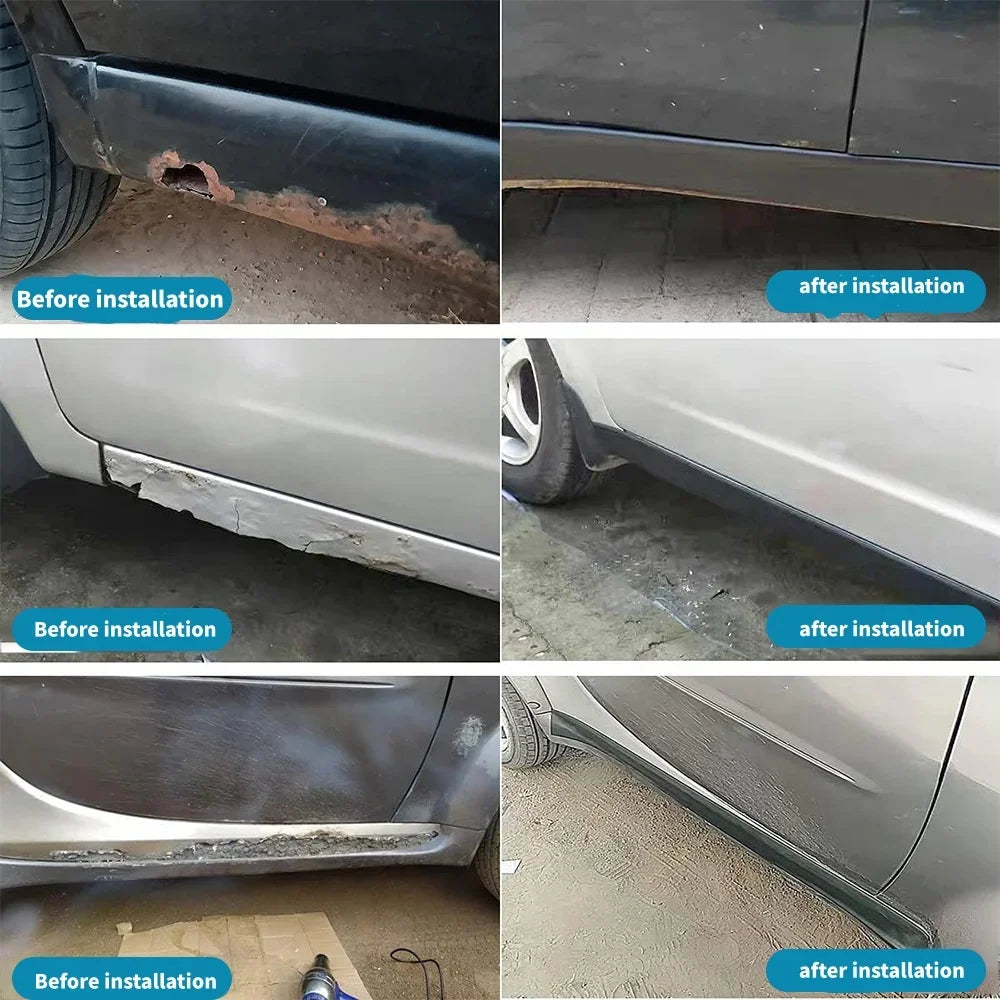 Vergleich von selbstklebenden Schutzstreifen für Autotüren vor und nach der Installation an der Außenhaut eines Fahrzeugs.