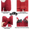 Red fabric bow knot car neck pillow shown in various views highlighting its soft texture and shape retention features