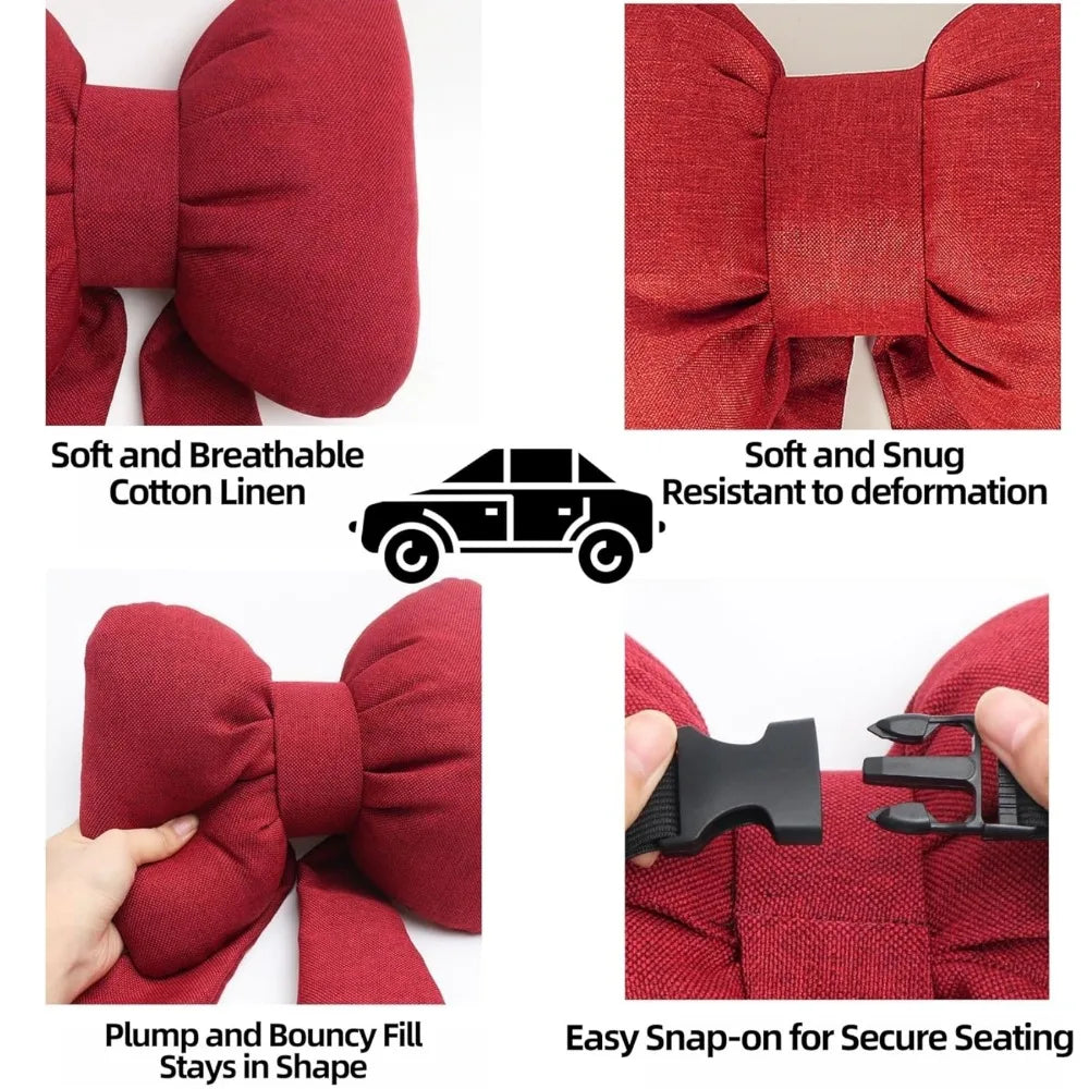 Red fabric bow knot car neck pillow shown in various views highlighting its soft texture and shape retention features