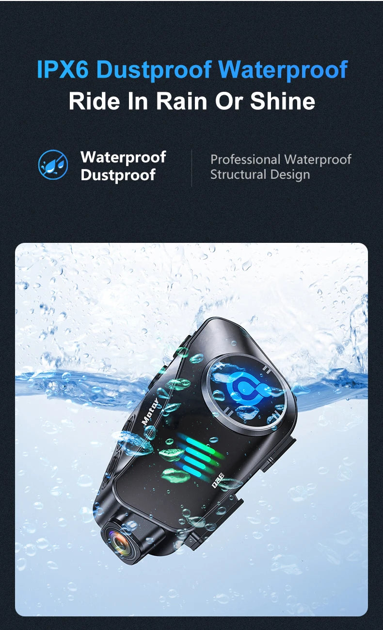 A black Bluetooth motorcycle helmet with a mounted dash camera and walkie-talkie is shown being splashed by water.