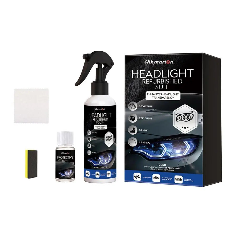 Kit zur Beleuchtungs-Refurbishment inklusive Reinigungsspray und Box mit Aufschrift 'Headlight Refurbished Suit'.