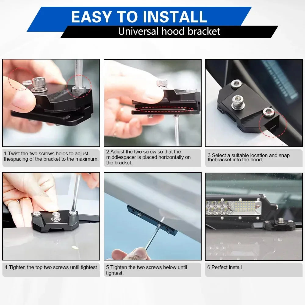 Step-by-step instructions showing how to install a universal hood bracket for an LED work light.
