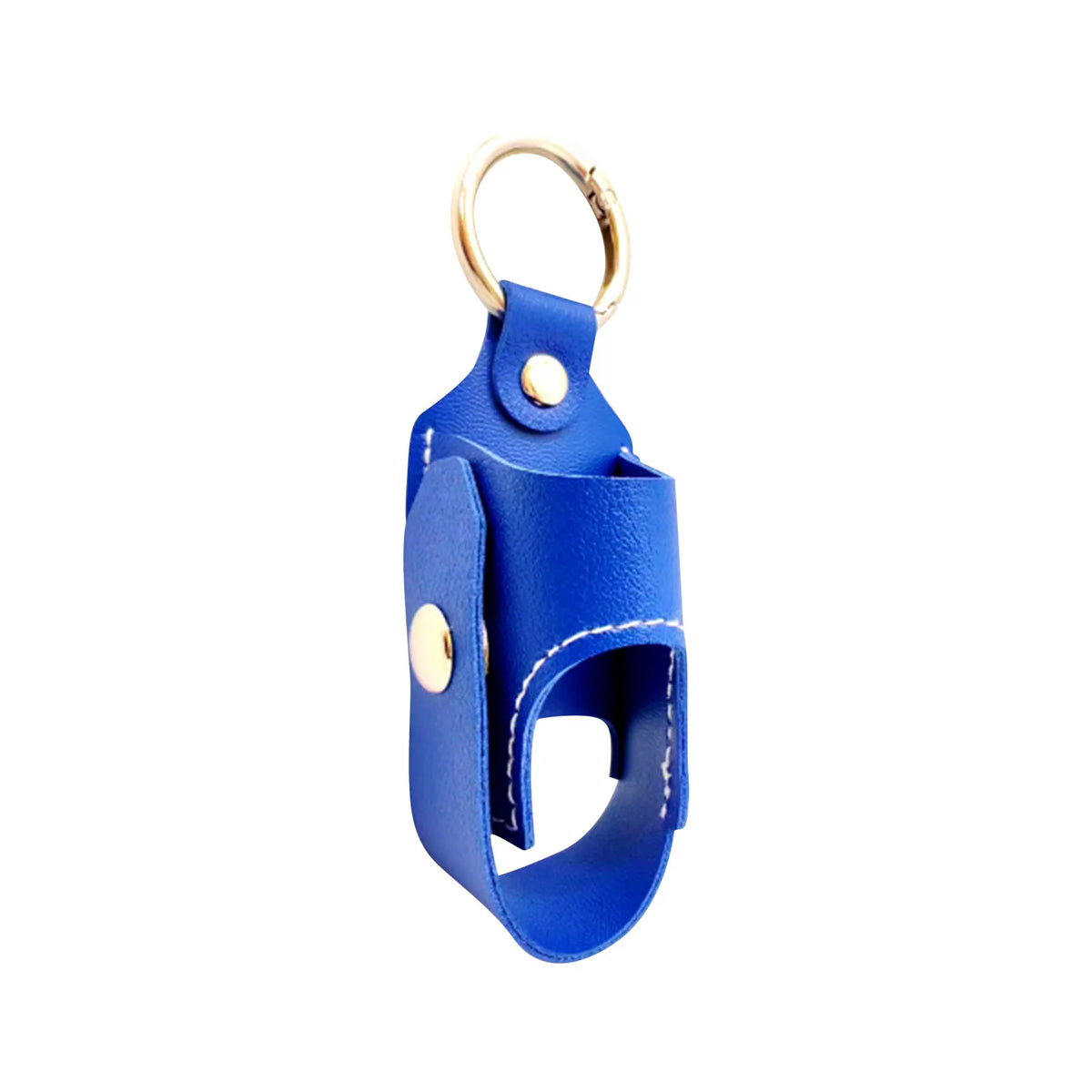 A blue leather portable inhaler storage case with a gold-colored keychain ring.