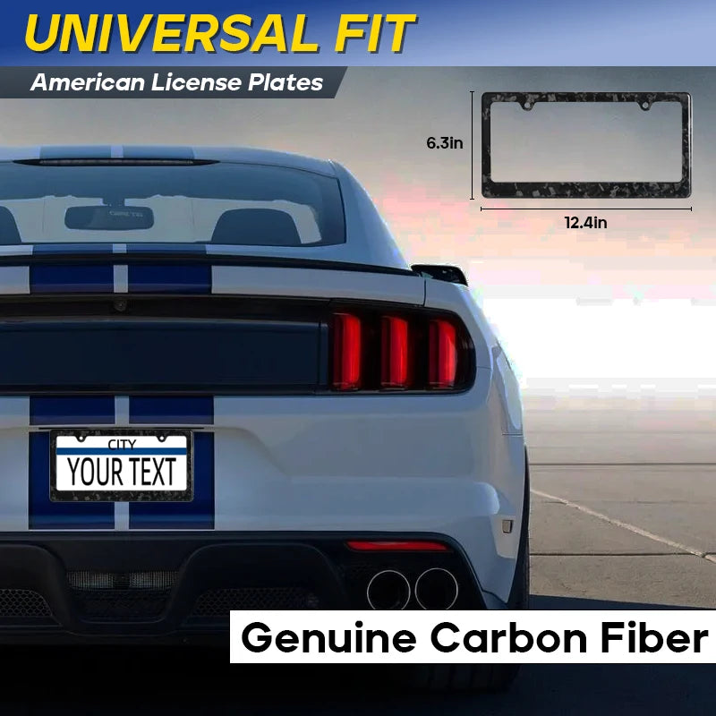 A black carbon fiber license plate frame cover for an American license plate, shown on a white car.