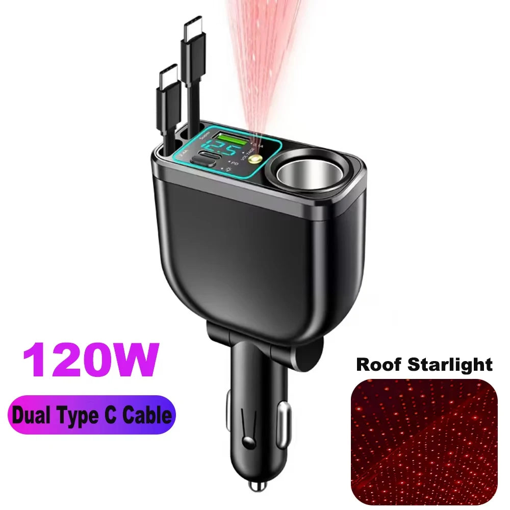 A black car charger with a digital voltmeter and two retractable cables emitting a pink light.