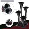 A black heavy-duty air horn system featuring four conical tubes and a base plate.