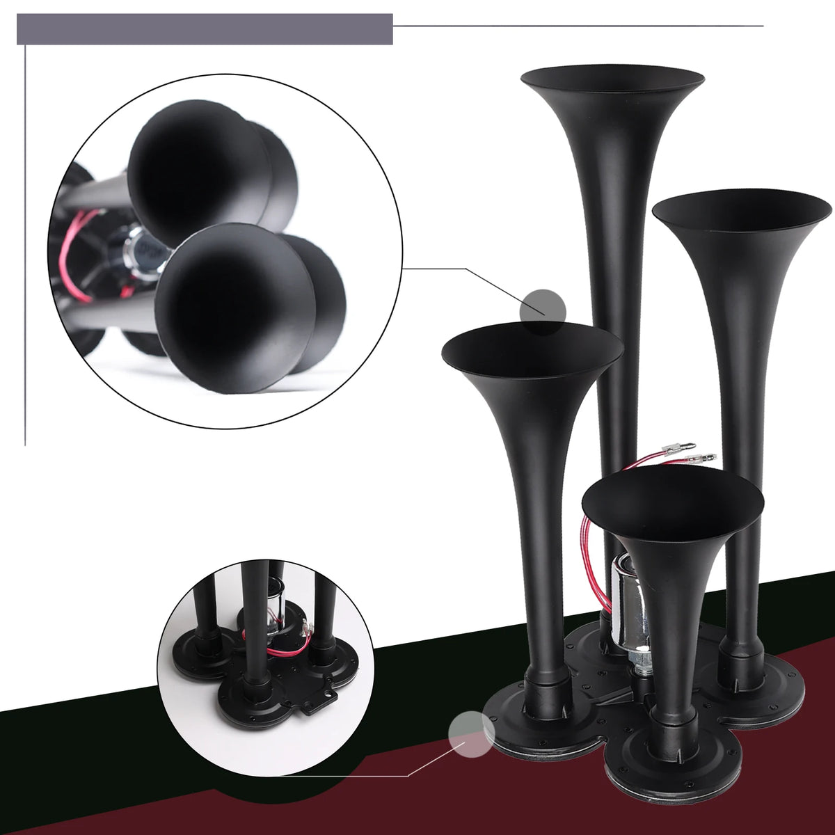 A black heavy-duty air horn system featuring four conical tubes and a base plate.