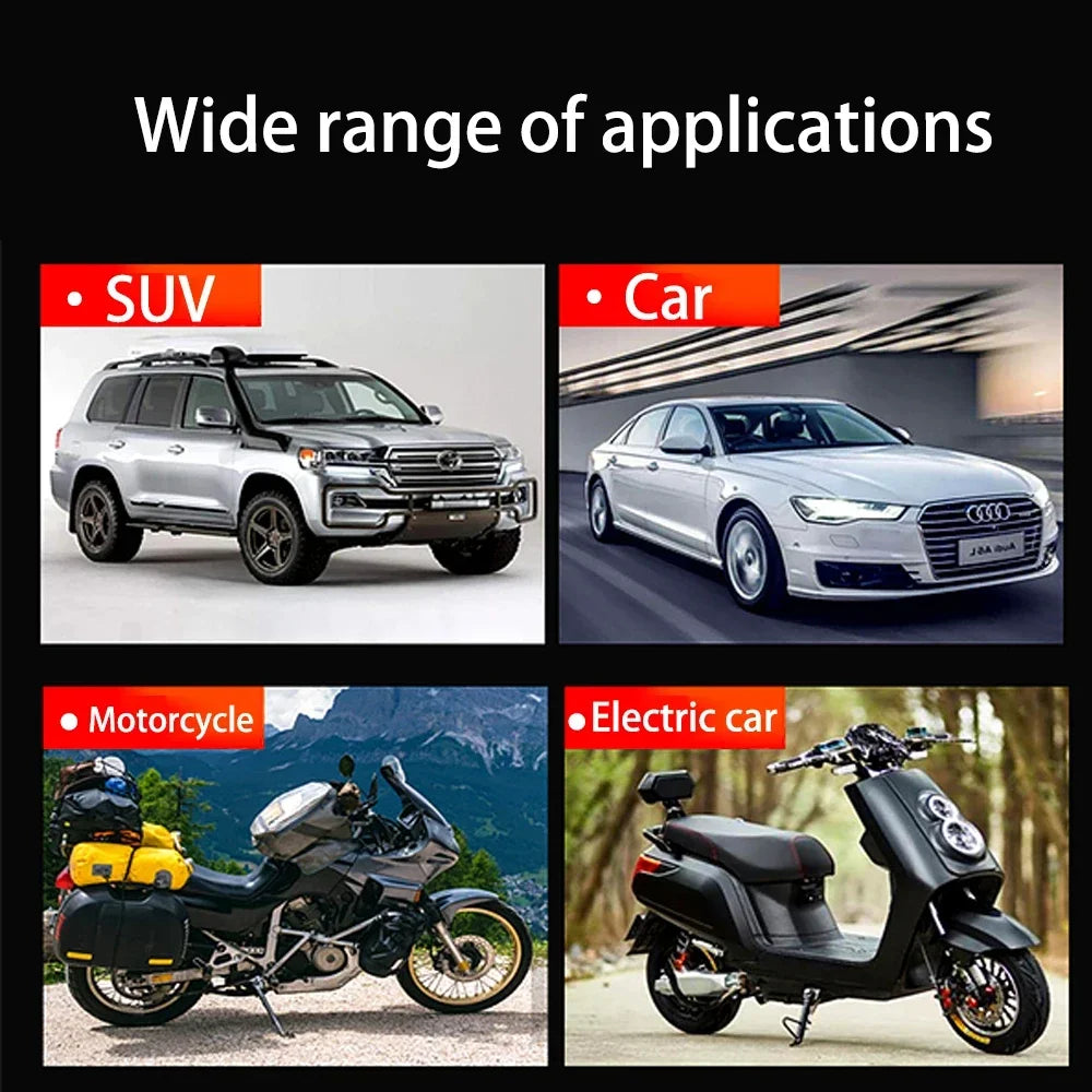 A collage showing various applications for universal rubber tire repair plugs including a SUV, car, motorcycle, and electric 