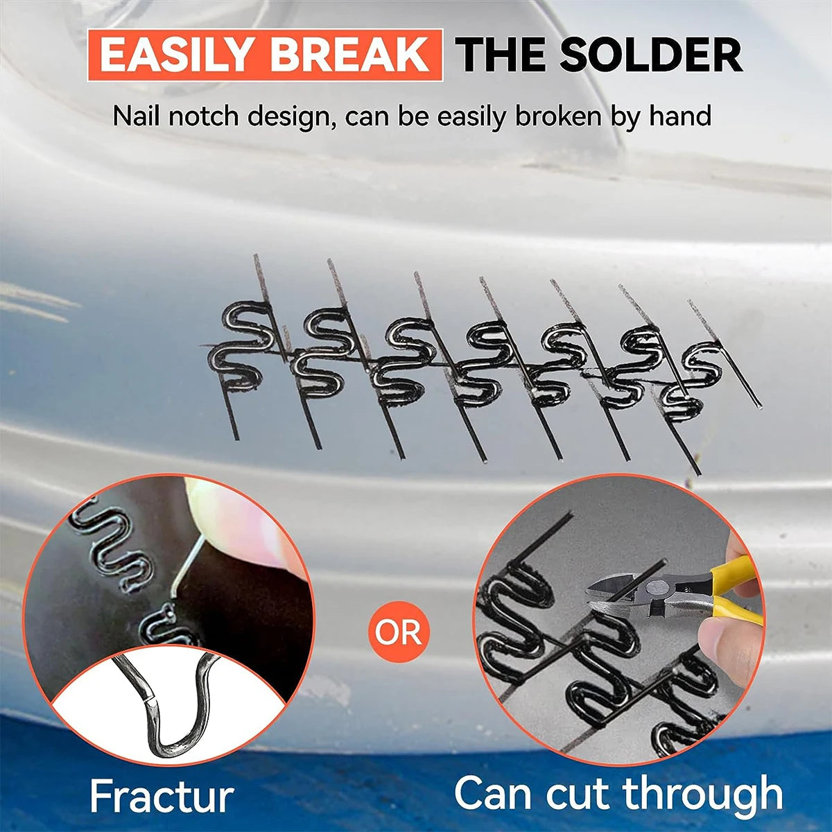 A nail notch design is shown, demonstrating how the solder can be easily broken by hand or cut through.