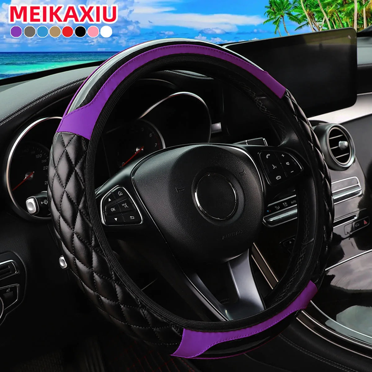 A black steering wheel with a purple leather cover and carbon fiber accents inside a car interior.
