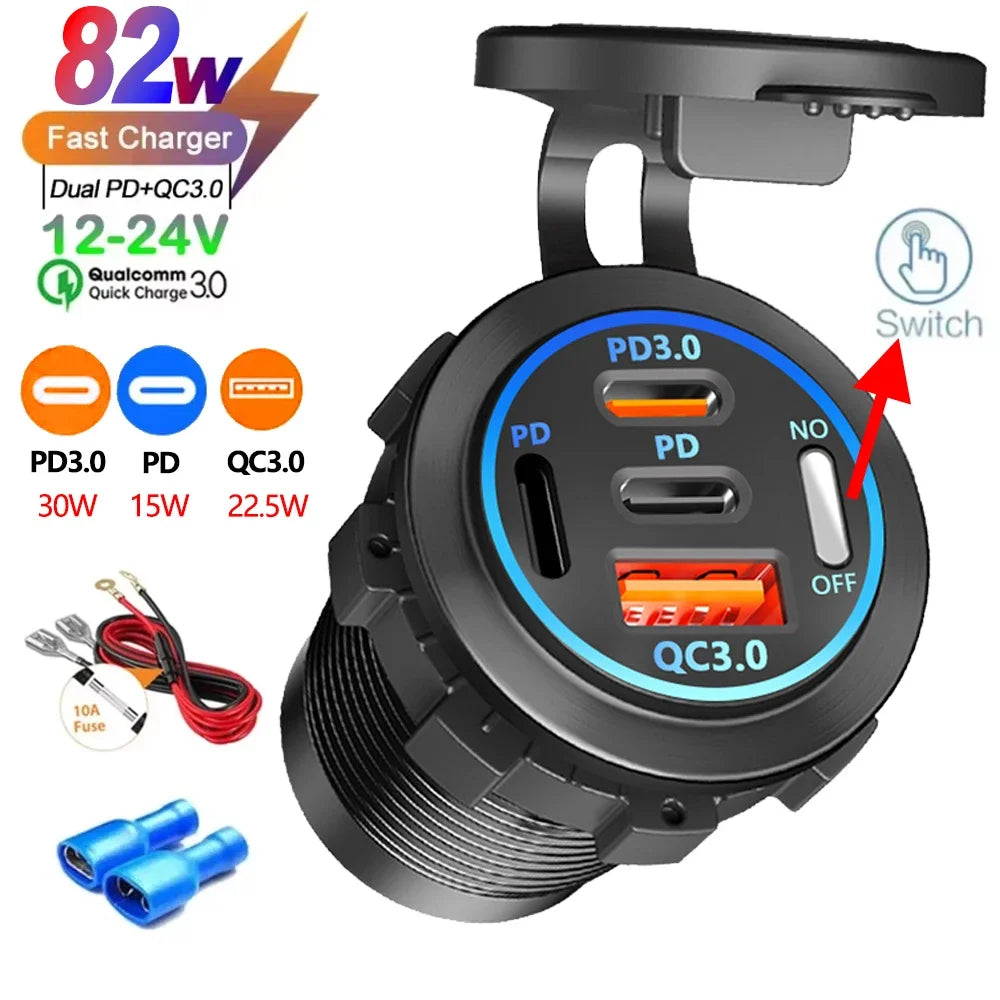 A black multi-port PD/QC car charger adapter with multiple output ports and a switch.