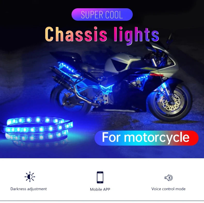 A motorcycle is shown with blue LED chassis lights installed, demonstrating darkness adjustment, mobile app control, and voic