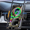 A magnetic wireless charging phone mount is installed in a car's interior, showing a smartphone being charged.