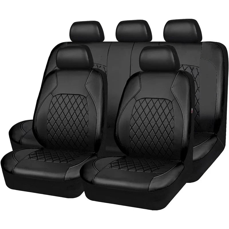 Black premium PU leather 5-seat car cover set with individual seats.