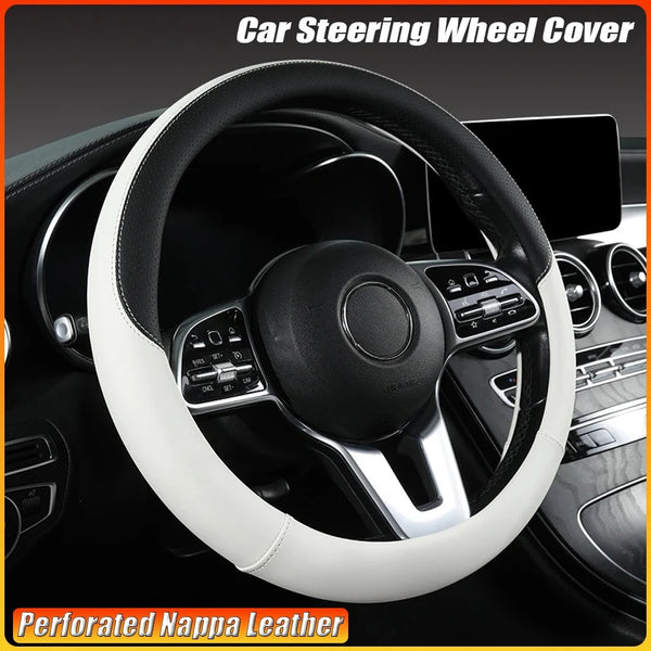 A white perforated Nappa leather steering wheel cover installed on a black car steering wheel.