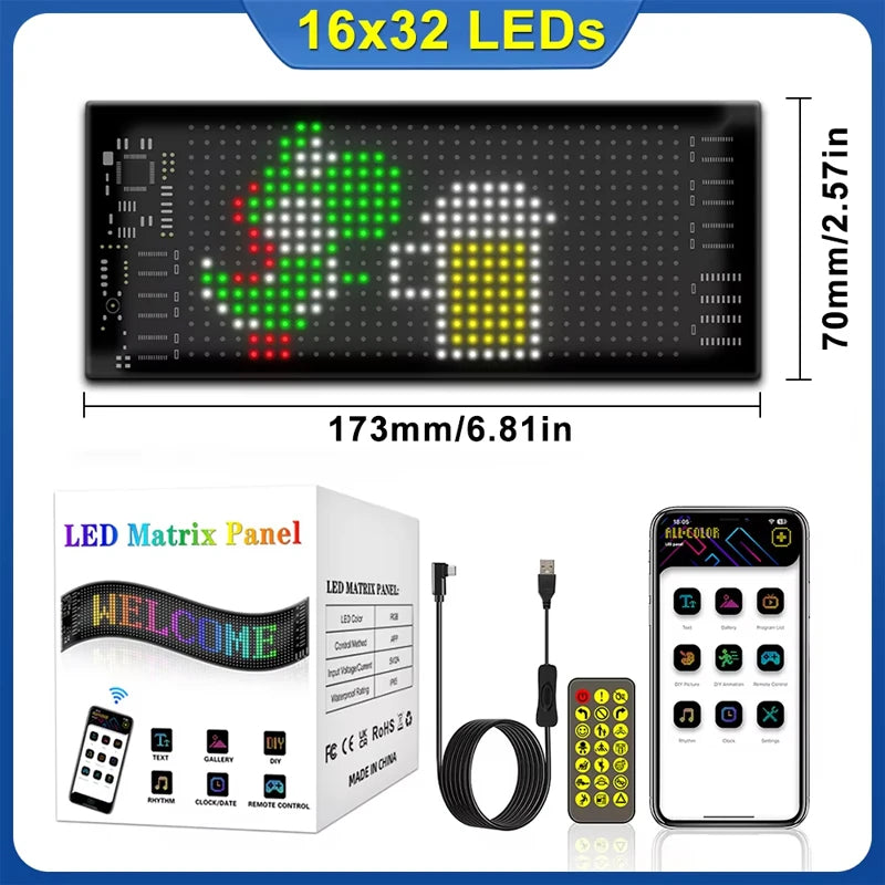 A 16x32 LED matrix panel with a welcome message and a yellow house icon, along with associated cables and a smartphone.