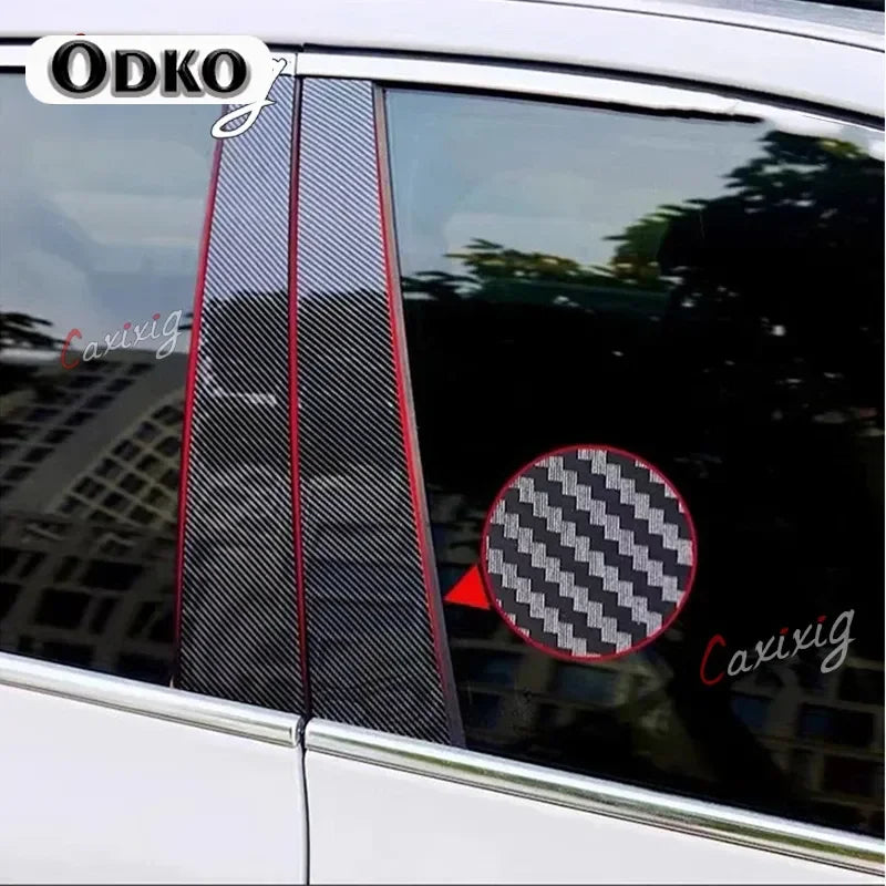 Gloss black carbon fiber trim cover installed on a car door window.