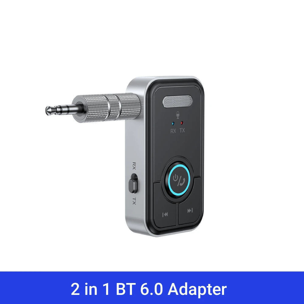 A compact gray Bluetooth 6.0 adapter with a connector and control buttons for audio devices.