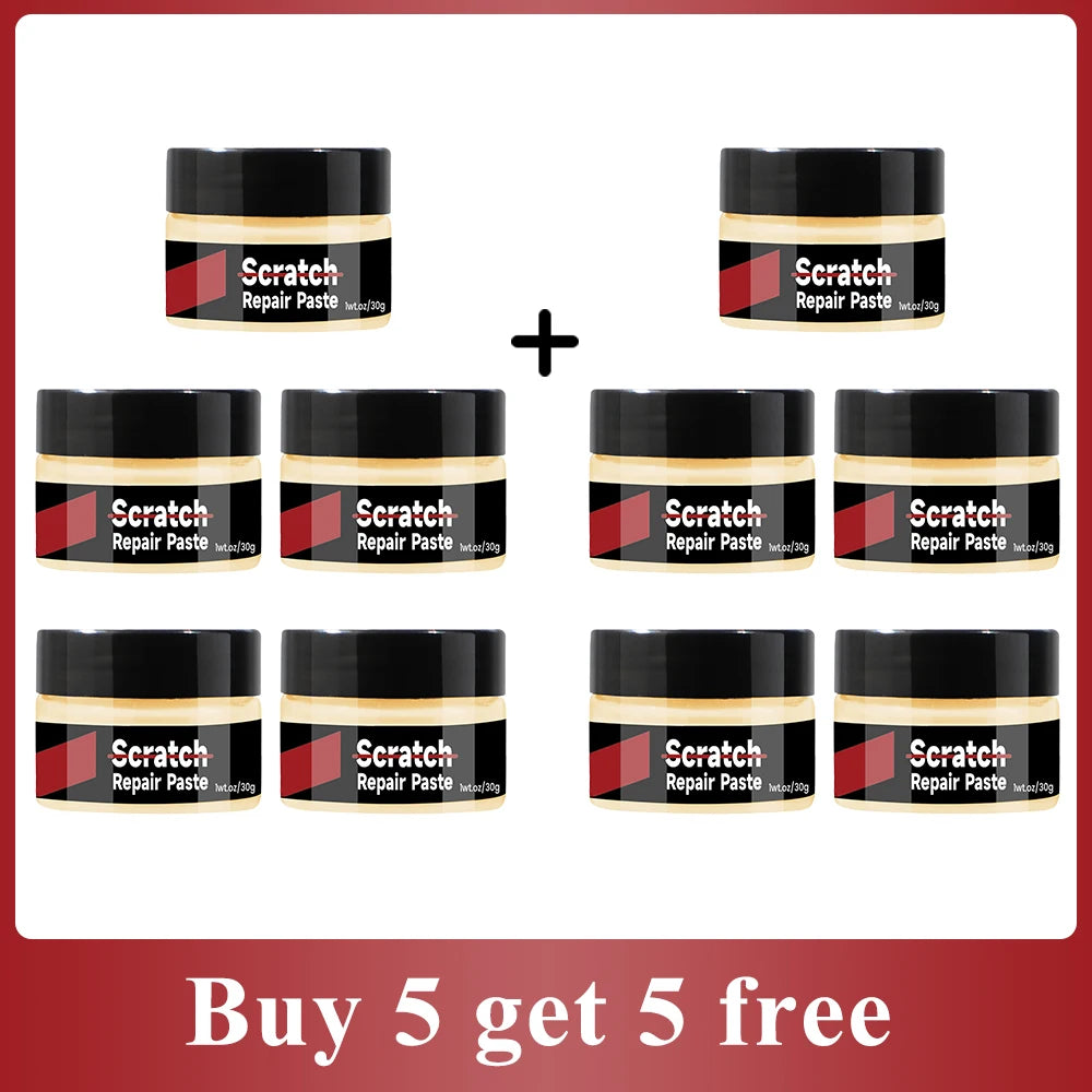 Five jars of Scratch Repair Paste for car scratch removal sold in a set with a buy five get five free offer.