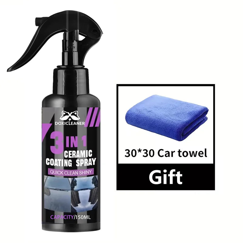 A black bottle of Nano Ceramic Car Coating Spray is shown with a purple label and a blue towel, packaged as a gift.