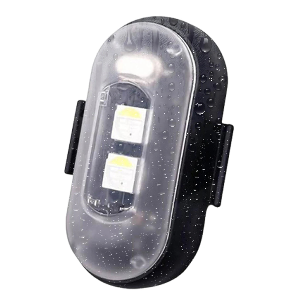 Klares, oval geformtes LED-Stroboskop mit schwarzem Gehäuse und Fernbedienungsfunktion.