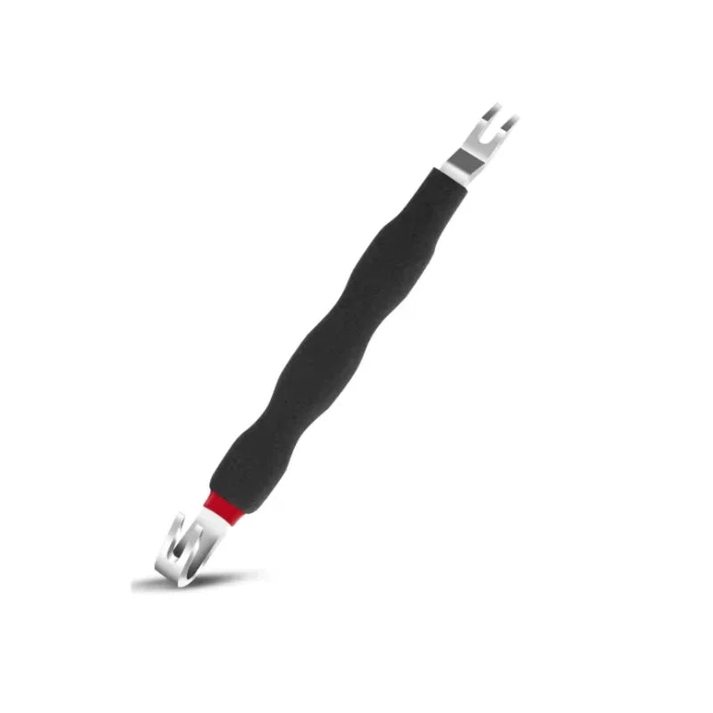 A black electrical terminal connector removal tool with silver tips and a black handle.