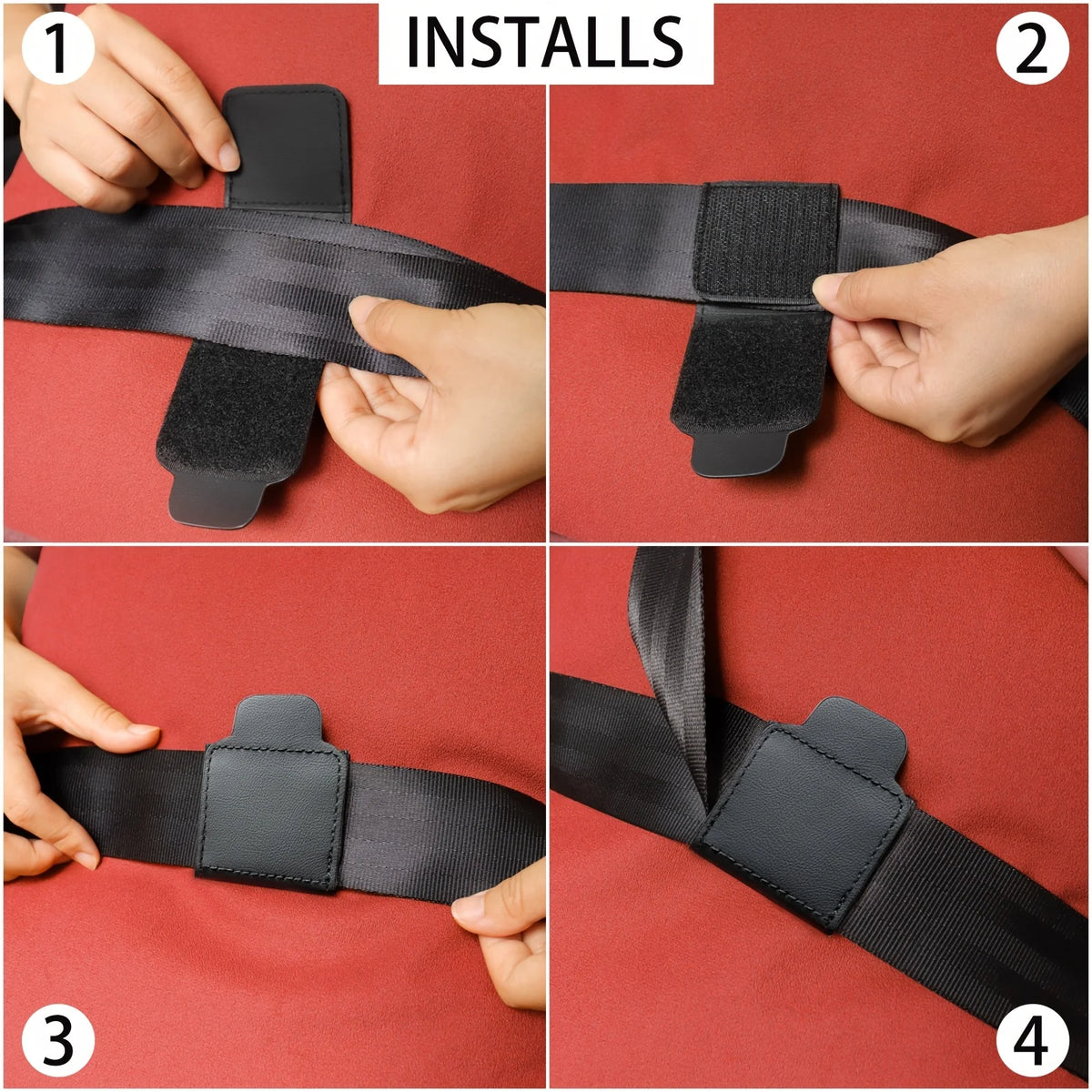 Four steps showing how to install a PU leather car seat belt adjuster.