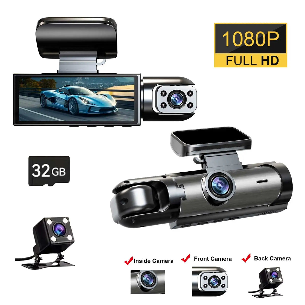 Caméra dashcam noire avec caméras avant et arrière, carte mémoire et écran montrant une voiture en mouvement.