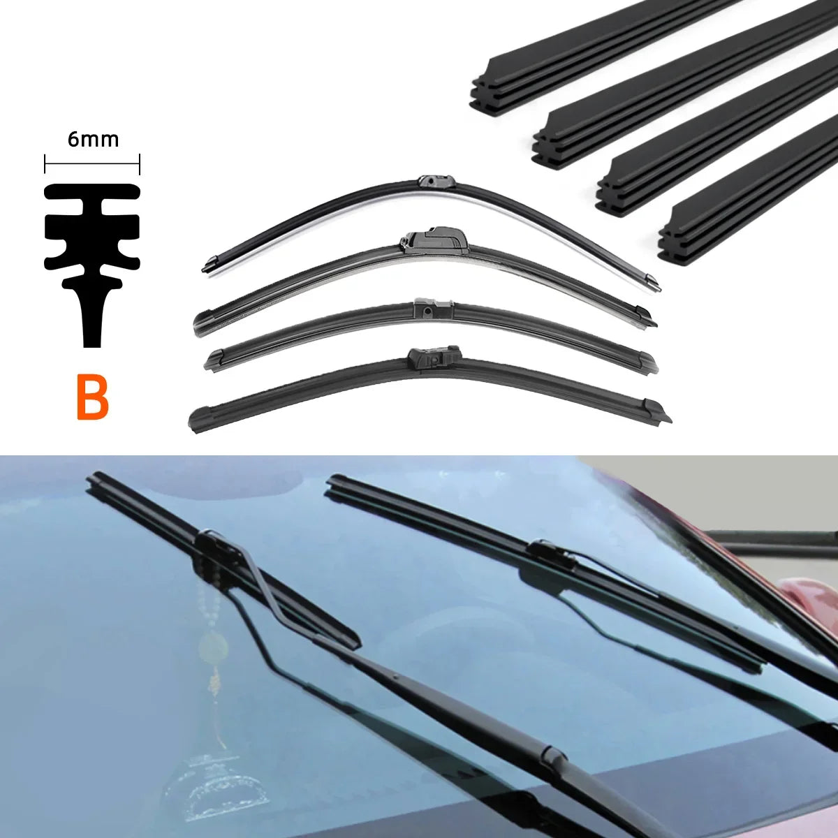 Set of black wiper blade refill rubber strips and mounting components with a 6mm thickness shown alongside an installed wiper
