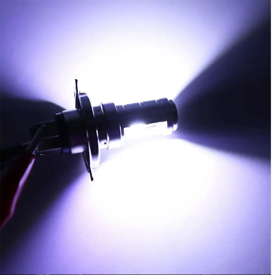 A bright LED motorcycle headlight bulb emitting a strong beam of light.