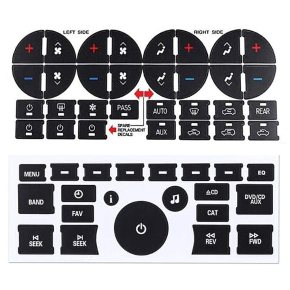 A set of black adhesive decals and buttons for repairing AC dash components in Buick, Chevy, and GMC vehicles.