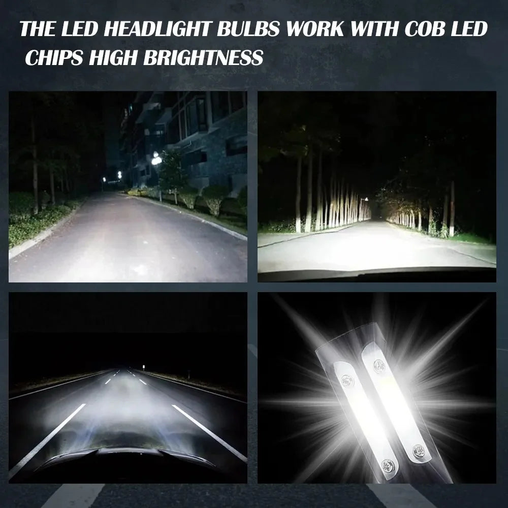 A set of super bright LED headlight bulbs with cooling fans illuminating a road at night.