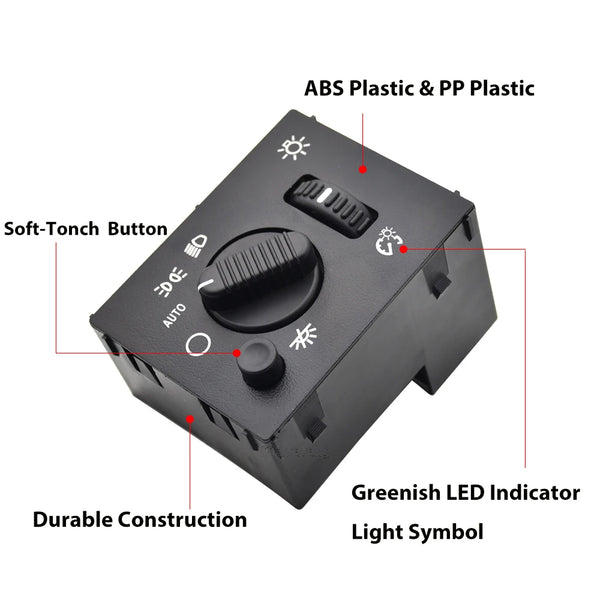 Black aftermarket fog light switch featuring an ABS plastic and PP plastic construction with a soft-touch button and green LE