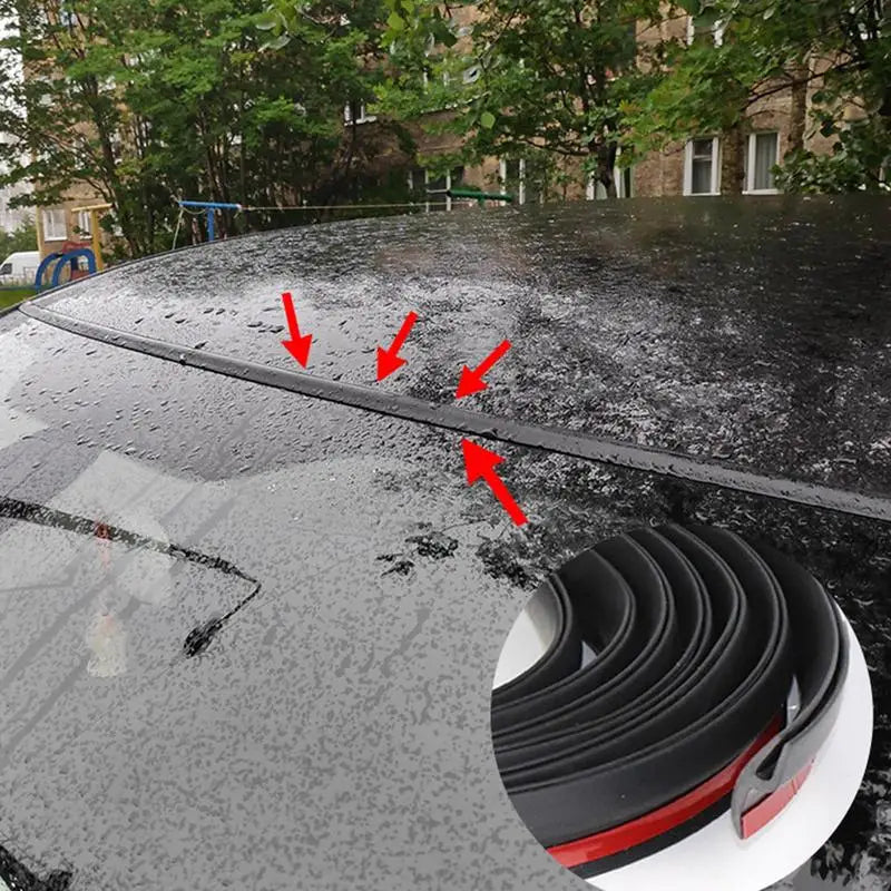 Close-up view of a flexible windshield seal strip being applied to a car window for noise reduction.
