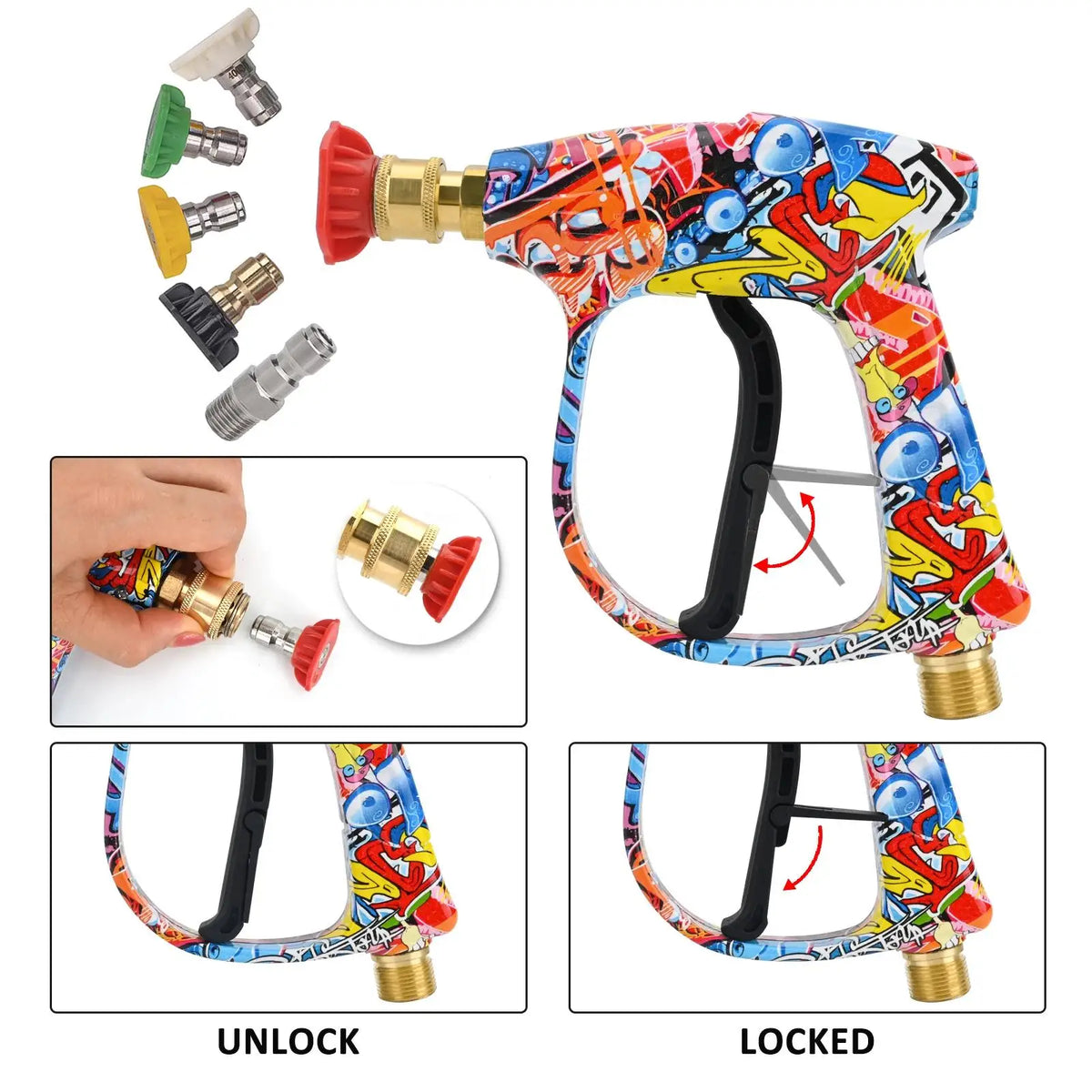 A high-pressure water gun is shown with various accessories and an unlock/locked mechanism.