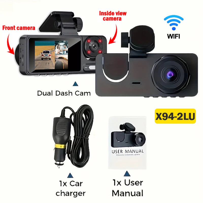 Caméra de surveillance noire double, avec caméra avant, caméra intérieure, chargeur de voiture et manuel d'utilisation.